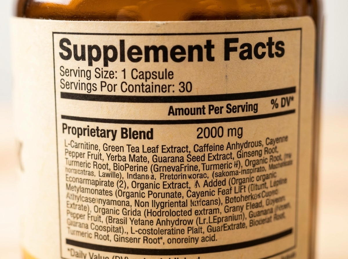An extreme close-up of a supplement label listing a single Proprietary Blend at 2000mg above a long, unreadable jumble of ingredient names.
