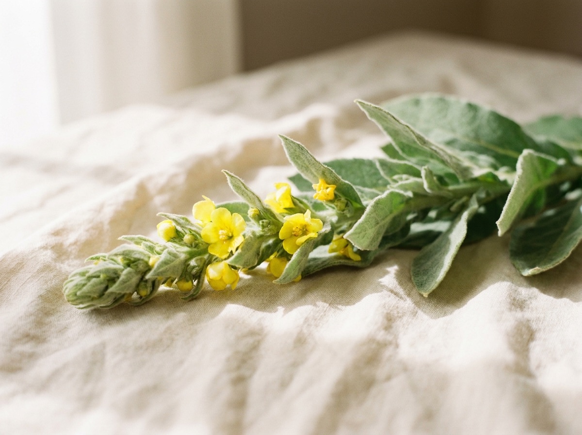 A fresh stalk of mullein with yellow flowers and soft green leaves resting on warm cream linen in soft daylight.
