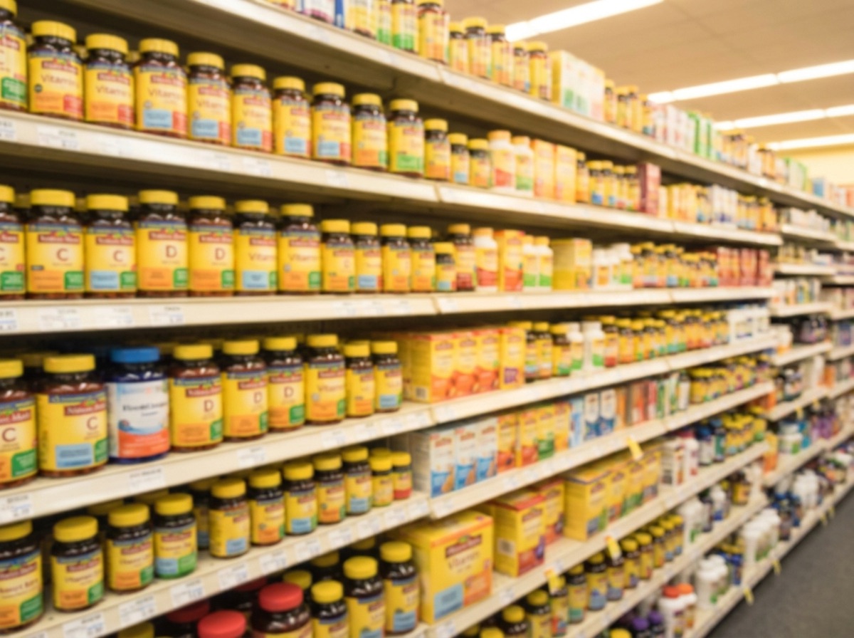 A crowded pharmacy supplement aisle, row upon row of colorful vitamin and supplement bottles running off into the distance.