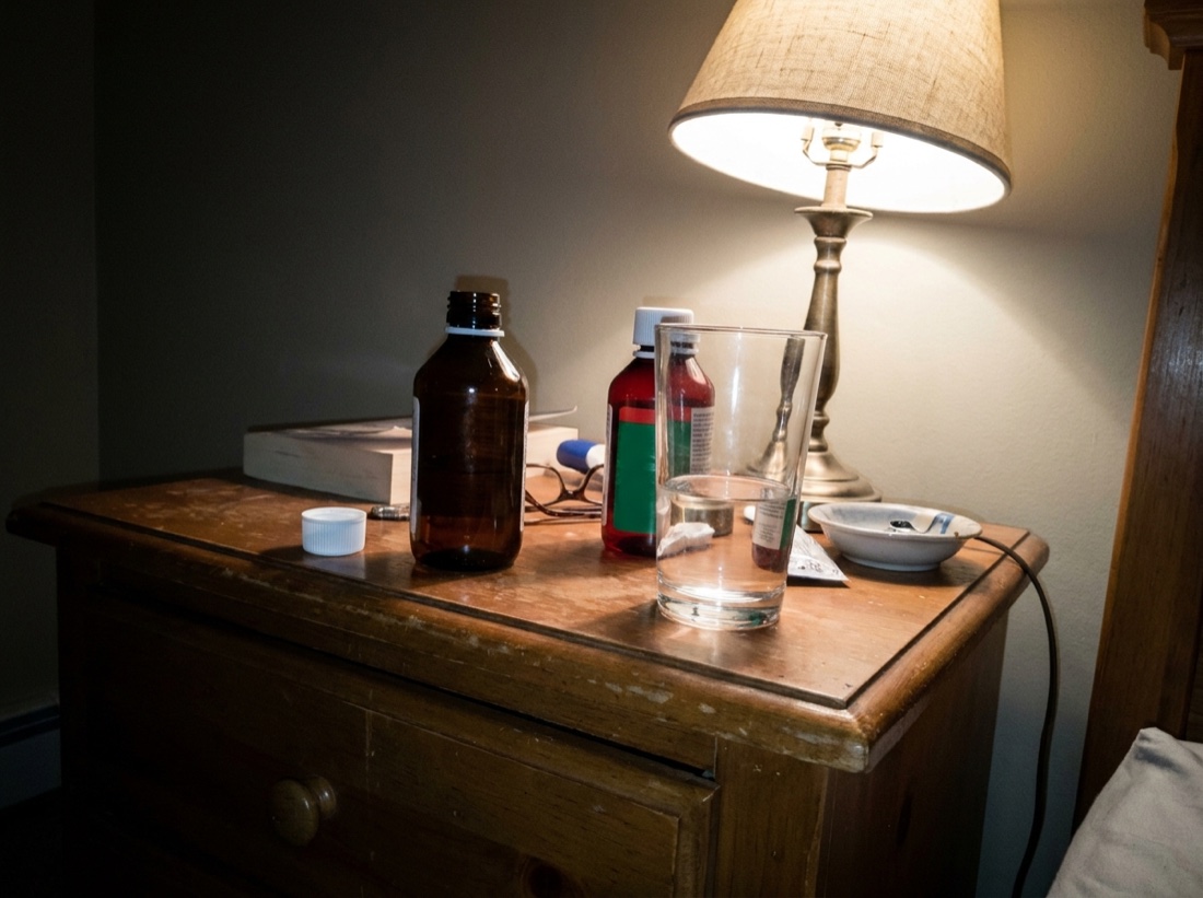A dated bedroom nightstand at night with two everyday over-the-counter cough syrup bottles and a glass of water, the labels turned away so no brand shows.