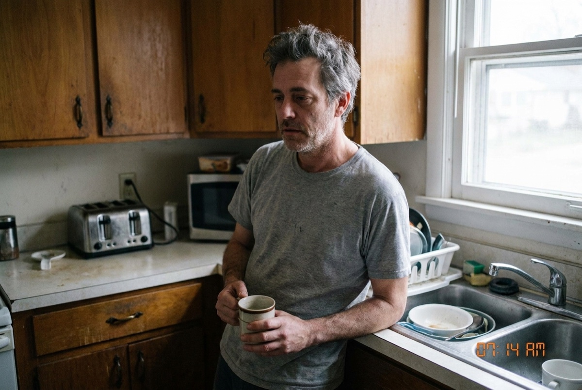 An ordinary man in his late fifties holding a coffee mug by the kitchen window first thing in the morning.