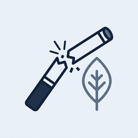 Line icon of a broken cigarette beside a leaf, symbolizing having quit