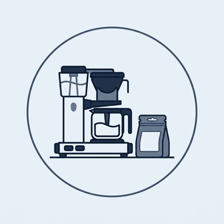 Line icon of a coffee maker beside a pouch of supplements