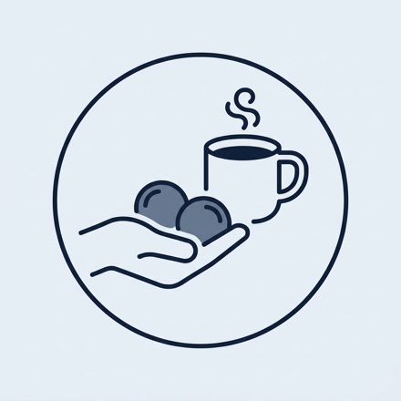 Line icon of a hand holding two gummies next to a coffee mug