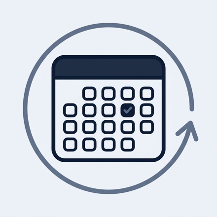 Line icon of a calendar with a repeat arrow and checkmark
