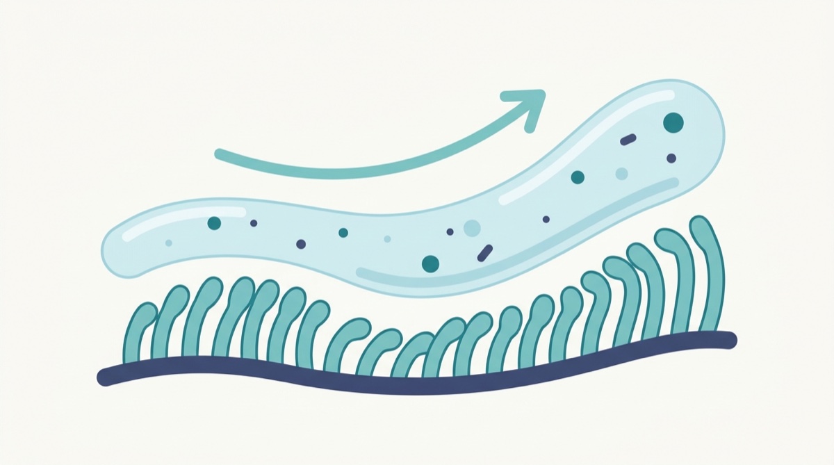 Icon-style diagram of the mucociliary escalator: tiny cilia sweeping a mucus layer, with trapped dust particles, upward and out along a curved arrow toward the throat.