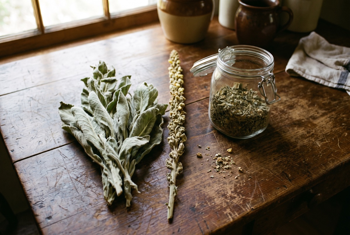 Dried fuzzy gray-green mullein leaves and a tall dried mullein flower stalk on a wooden kitchen table in warm afternoon light.