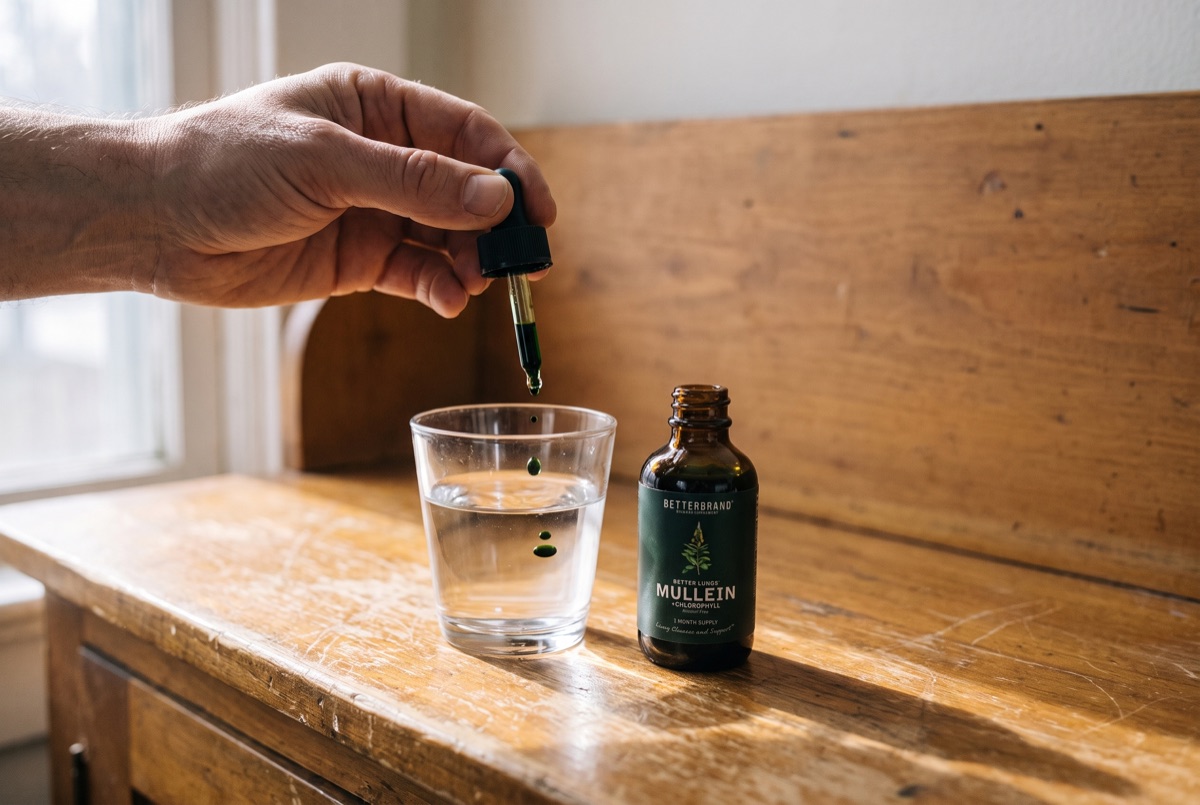 A hand adding green drops from the BetterLungs Mullein and Chlorophyll dropper into a glass of water beside the dark green bottle on a sunlit counter.
