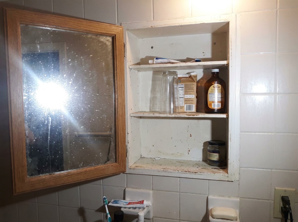 A dated open medicine cabinet with everyday over-the-counter cough and cold products, a drinking glass and shadow hiding the brand names.