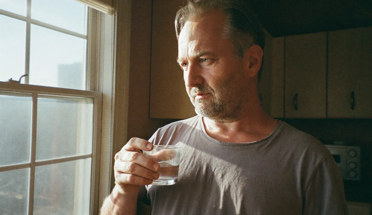 A weathered man in his late fifties at a sunlit kitchen window in the morning, holding a glass of water and looking out calmly.