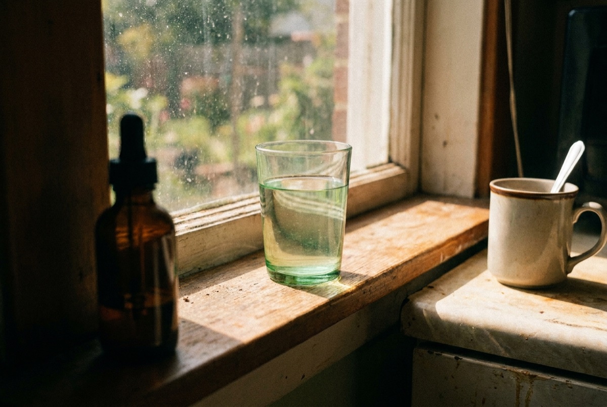 A glass of water tinted faintly green on a sunlit windowsill in the morning, a dark green dropper bottle and a coffee mug beside it.