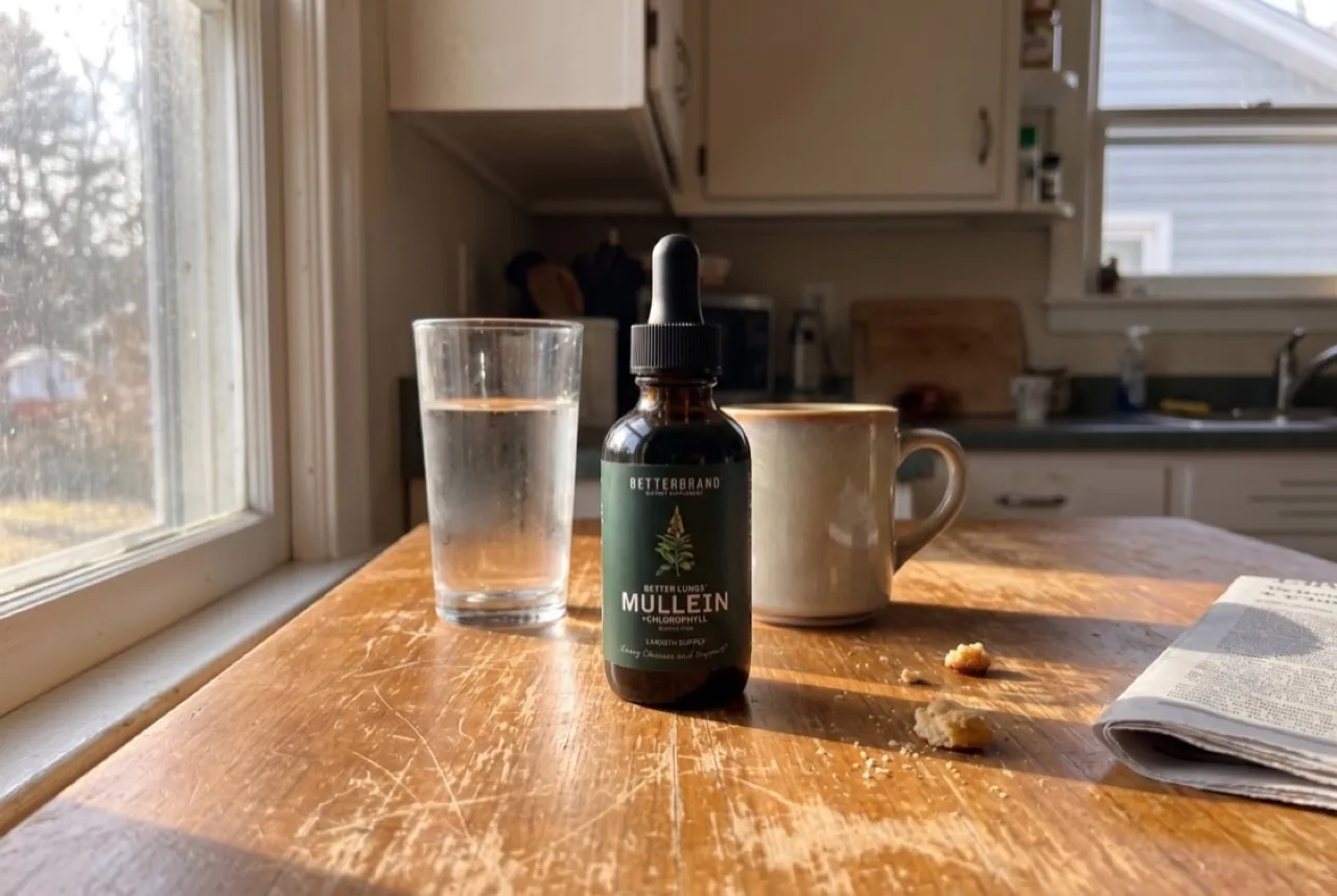 The dark forest green BetterLungs Mullein and Chlorophyll dropper bottle on a sunlit kitchen counter beside a coffee mug and a folded newspaper.