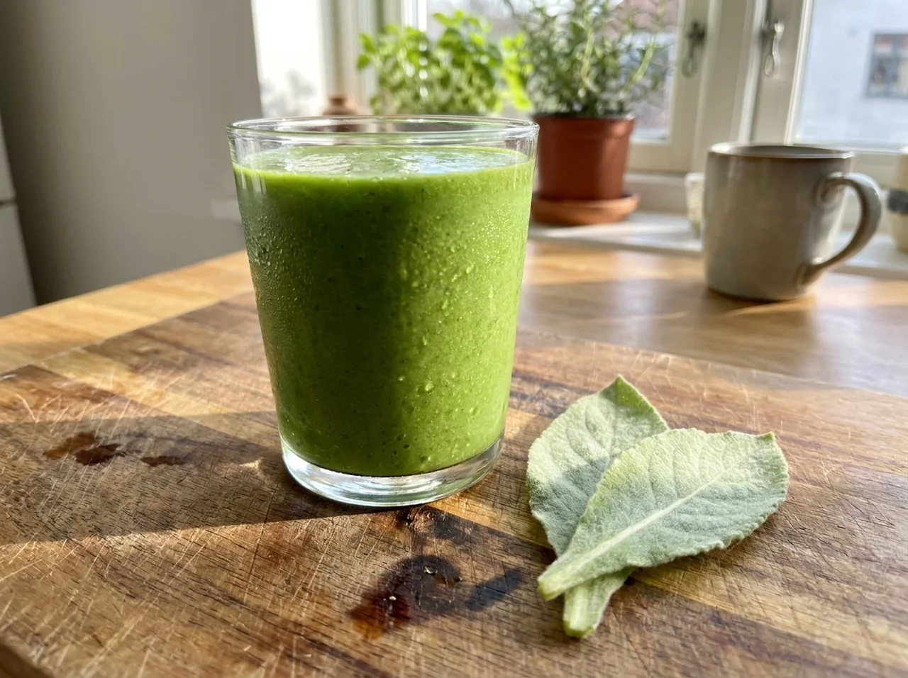 Fresh green mullein leaves and a glass of deep green chlorophyll water on a wooden kitchen cutting board in natural light.