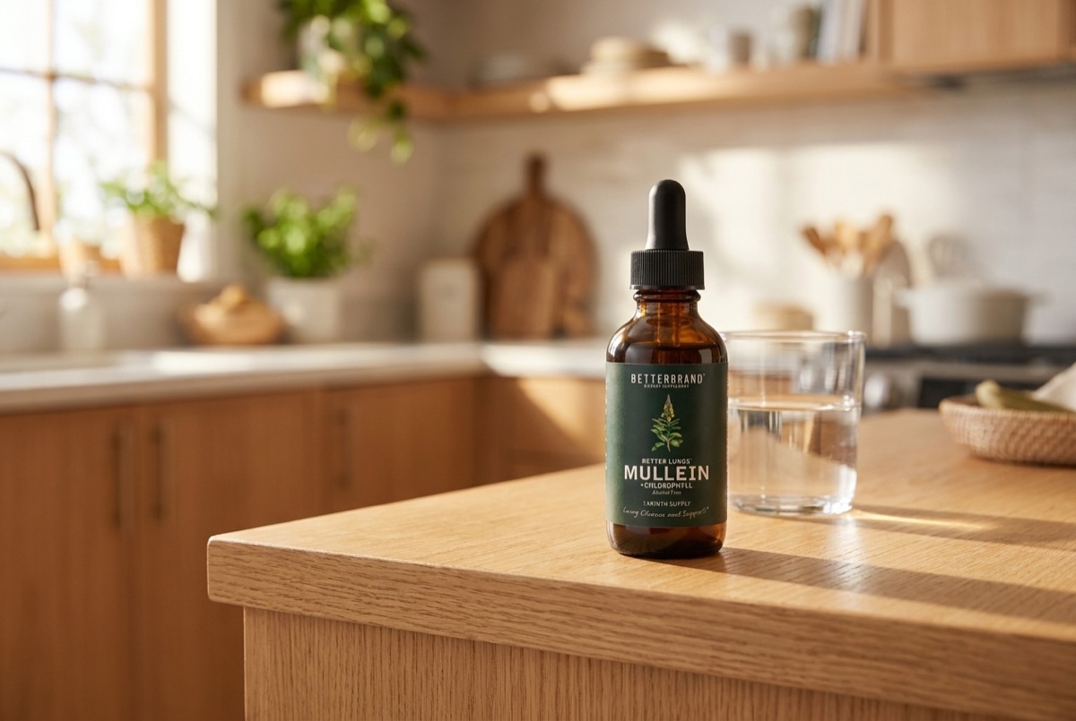 BetterLungs bottle on a kitchen counter in morning light